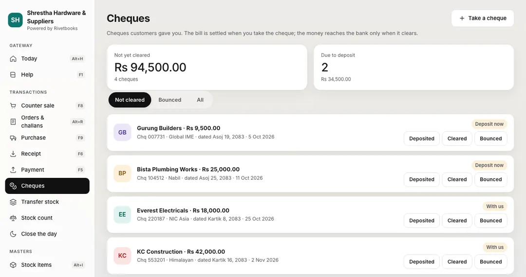 Accura cheque register: cheques from customers not cleared yet, two due to deposit, with Deposited, Cleared and Bounced buttons.