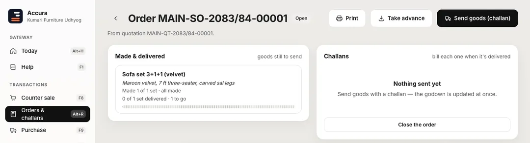 Accura sales order at a sample workshop: sofa set 3+1+1 in maroon velvet, 7 ft three-seater with carved sal legs — made 1 of 1, 0 of 1 delivered — and Take advance and Send goods buttons.