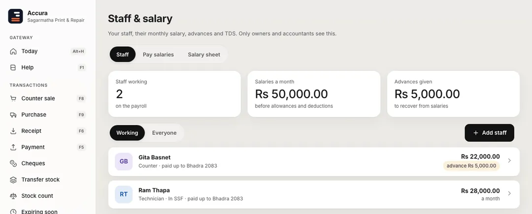 Accura staff and salary at a sample print shop: 2 staff, salaries Rs 50,000 a month, advances Rs 5,000; Gita Basnet (counter) with an advance and Ram Thapa (technician, in SSF), both paid up to Bhadra 2083.